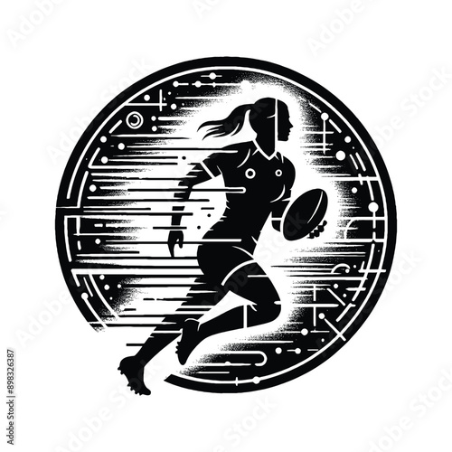 Rugby  female player in cyberpunk pattern illustration, emblem shield badge