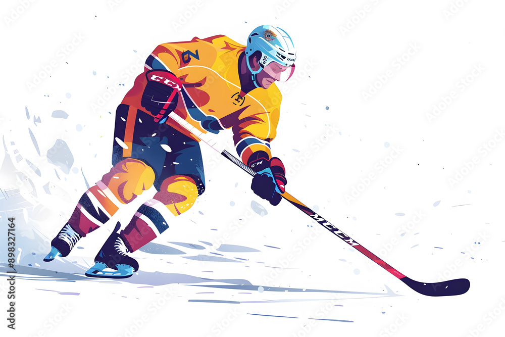 Fototapeta premium Dynamic hockey player skating with a puck in vibrant colors, showcasing speed and skill on the ice during a competitive match.