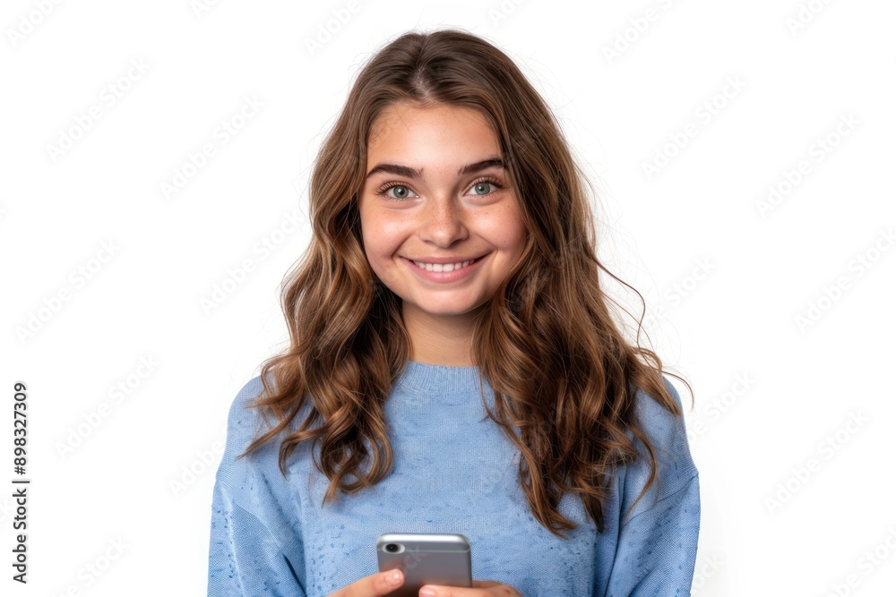 Smiling woman holding smartphone Smiling woman holding smartphone