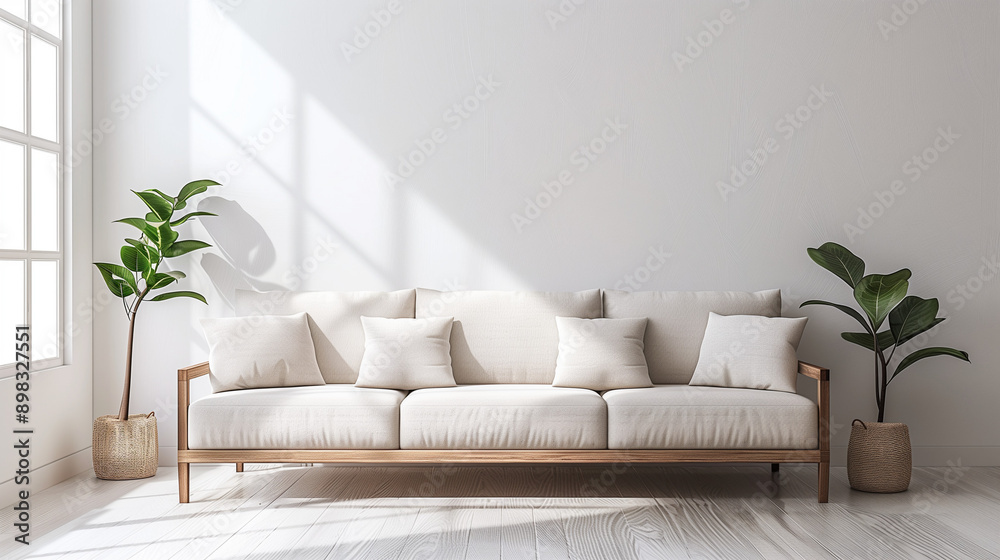 Chic light gray sofa, white wall background, minimal decor, bright natural light, clean lines, uncluttered space.

