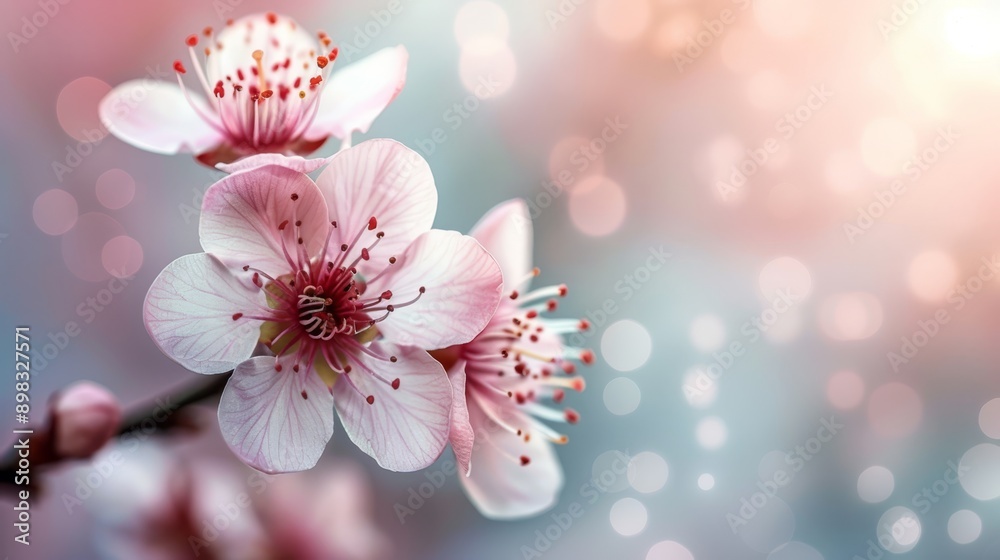 A close-up of a pink flower on a branch, with backlight casting an ethereal glow A close-up of a pink flower on a branch, with backlight casting an ethereal glow