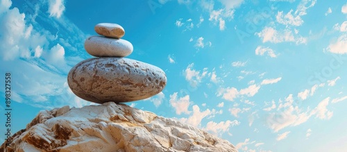 Balanced stones on a boulder with a copy space image against a blue sky symbolizing the weighing of pros and cons