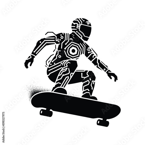 Skateboarding, longboarding  female player in cyberpunk pattern illustration, emblem shield badge