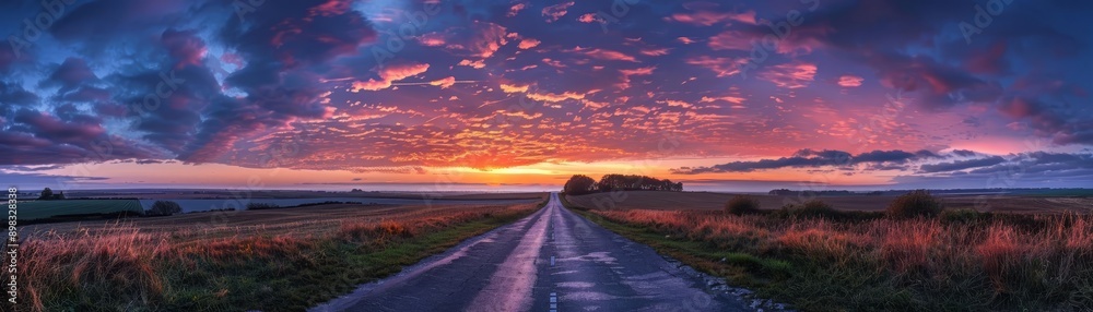 Scenic countryside road at twilight captured in a photo realistic style, high-quality image, sky painted in beautiful colors. Scenic countryside road at twilight captured in a photo realistic style, high-quality image, sky painted in beautiful colors.