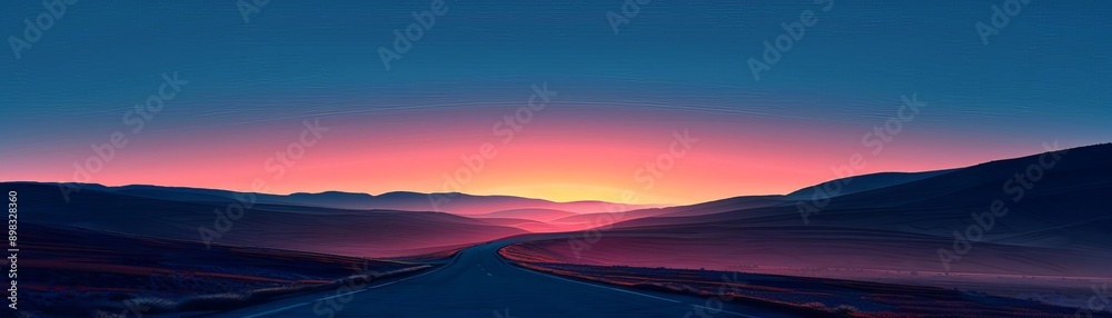 Scenic route at dusk, beautifully composed image, silhouette of the landscape against the colorful sky. Scenic route at dusk, beautifully composed image, silhouette of the landscape against the colorful sky.