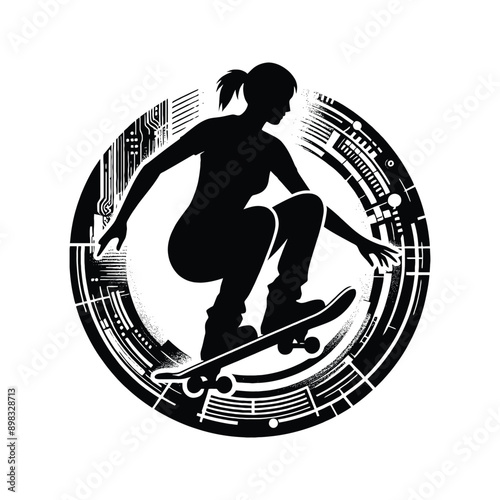 Skateboarding, longboarding  female player in cyberpunk pattern illustration, emblem shield badge