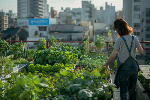 Rooftop garden with various plants and flowers