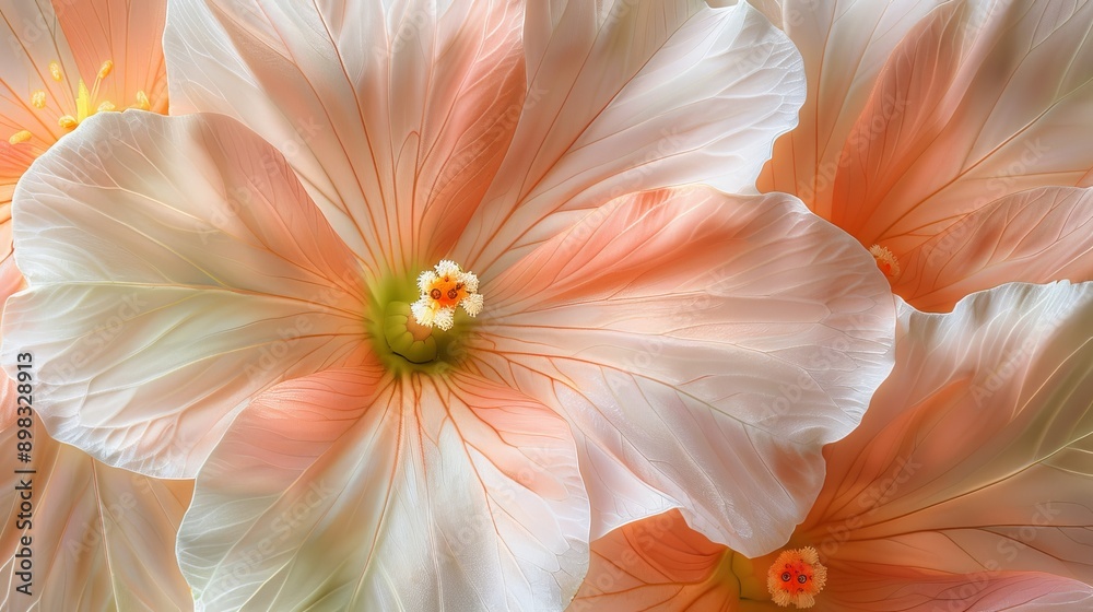 A tight shot of a white-pink bloom with a golden stamen at its flower core A tight shot of a white-pink bloom with a golden stamen at its flower core