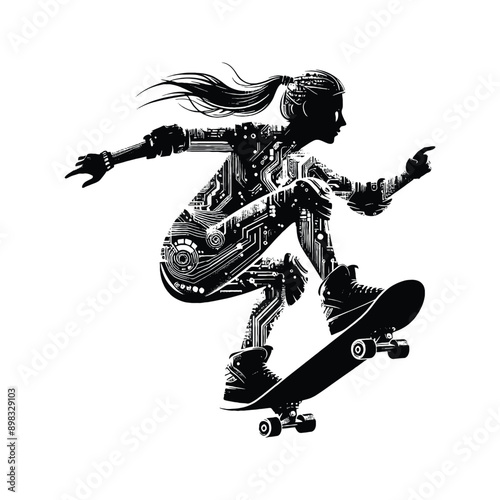 Skateboarding, longboarding  female player in cyberpunk pattern illustration, emblem shield badge