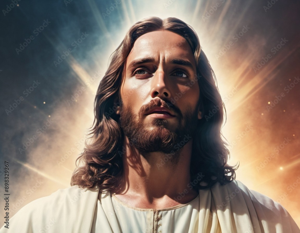 Portrait of a Man Dressed as Jesus. White robe. Long brown hair and beard. Man appears to be in his early 30s, and he has a serious expression on his face. Christian religion and faith. AI generated Portrait of a Man Dressed as Jesus. White robe. Long brown hair and beard. Man appears to be in his early 30s, and he has a serious expression on his face. Christian religion and faith. AI generated