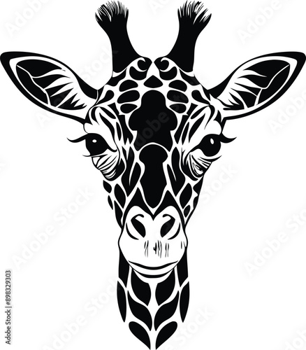 Black and white silhouette of a giraffe head