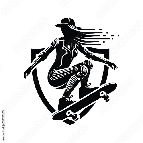 Skateboarding, longboarding  female player in cyberpunk pattern illustration, emblem shield badge