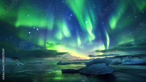 The sky is filled with green auroras and stars. The auroras are bright and colorful, creating a beautiful and serene atmosphere. Concept of wonder and awe at the natural beauty of the auroras photo