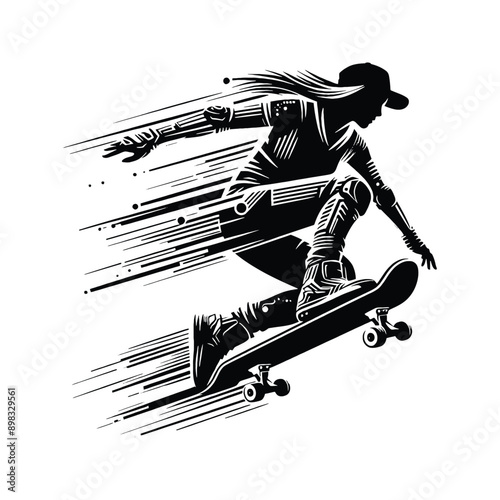 Skateboarding, longboarding  female player in cyberpunk pattern illustration, emblem shield badge