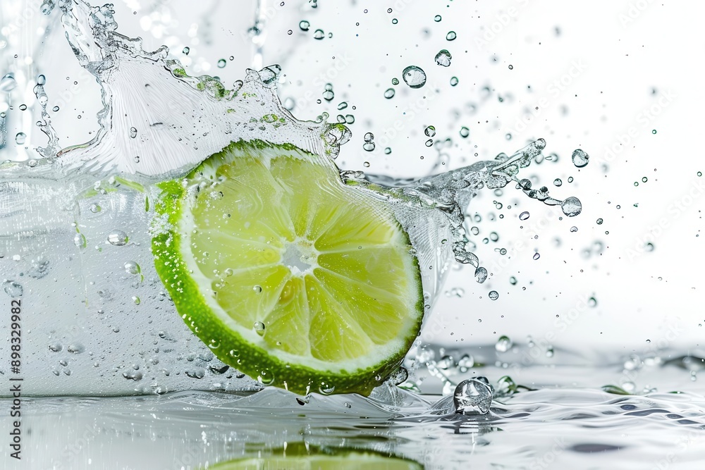 refreshing lime slice splashing into sparkling water creating a burst of bubbles against a crisp white background refreshing lime slice splashing into sparkling water creating a burst of bubbles against a crisp white background