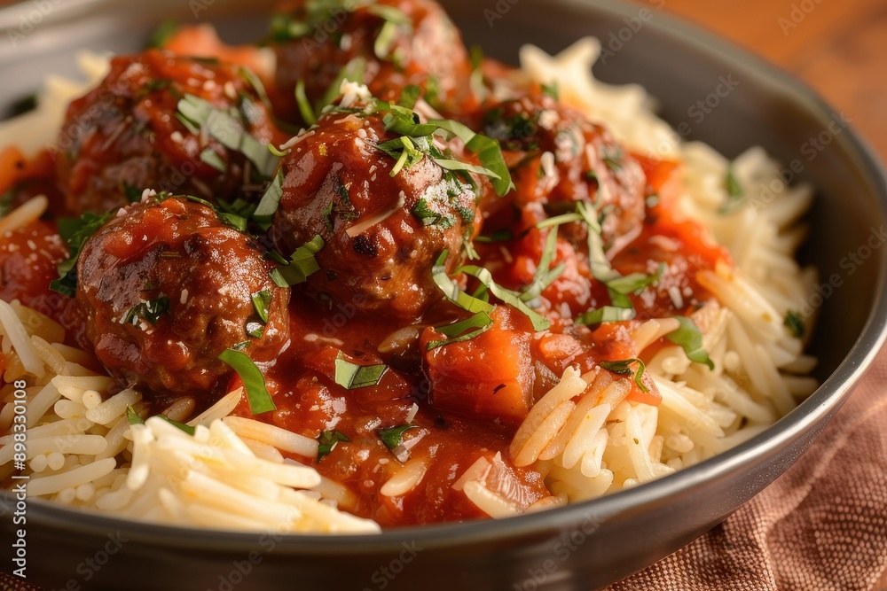 A dish of soutzoukakia, Greek-style meatballs in a rich tomato sauce, served with rice or pasta. A dish of soutzoukakia, Greek-style meatballs in a rich tomato sauce, served with rice or pasta.