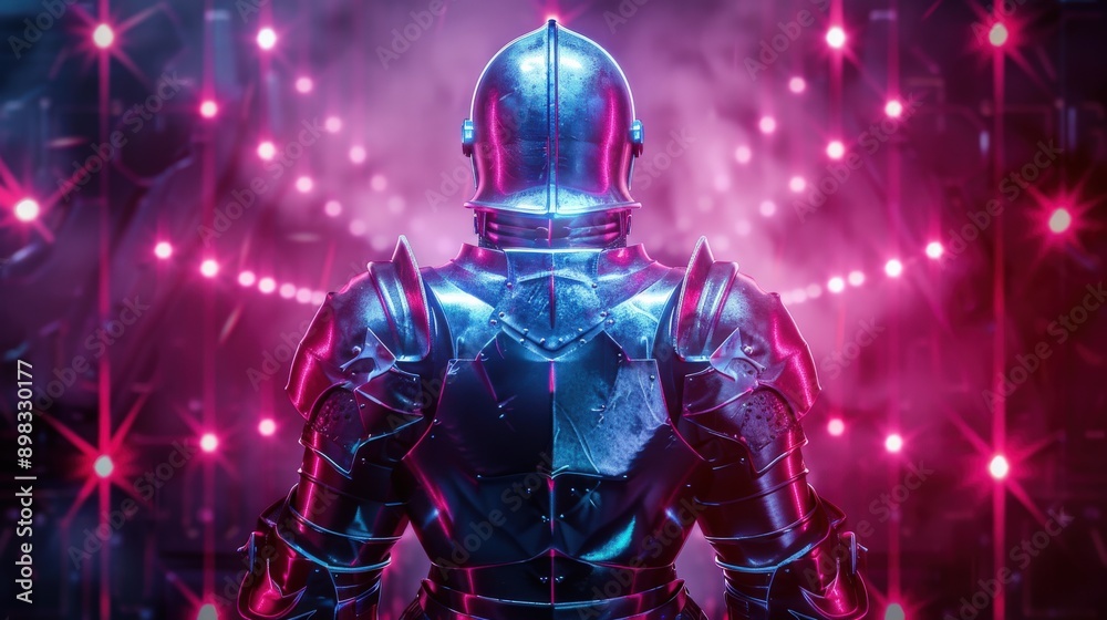 A knight in a suit of armor stands in front of a glowing wall of lights. The knight is surrounded by a bright, neon glow that seems to be emanating from the wall. The scene is set in a futuristic A knight in a suit of armor stands in front of a glowing wall of lights. The knight is surrounded by a bright, neon glow that seems to be emanating from the wall. The scene is set in a futuristic