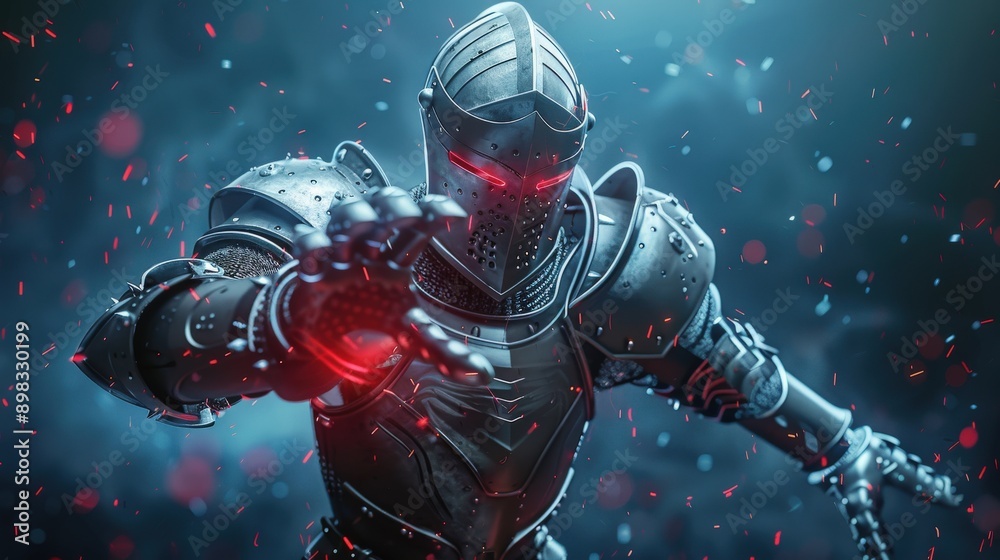Naklejka premium A knight in a suit of armor is holding his hand up in the air, surrounded by sparks. Concept of action and adventure, as if the knight is about to engage in a battle or a daring quest