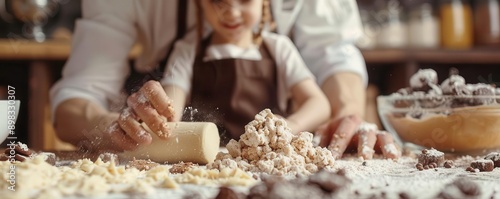 A child and adult knead dough together in the kitchen.