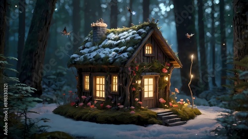 A quaint little house perched on the edge of a mystical forest.