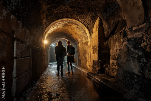 Friends exploring ancient catacombs