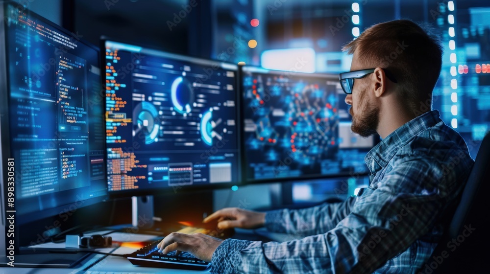 A man is working on a computer with multiple monitors and a keyboard. He is wearing glasses and he is focused on his work A man is working on a computer with multiple monitors and a keyboard. He is wearing glasses and he is focused on his work