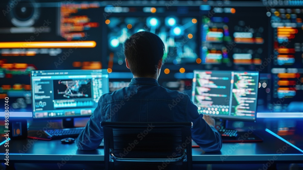A man is sitting at a computer desk with two monitors and a keyboard. He is focused on his work, possibly programming or analyzing data. The room is dimly lit, and the screens are glowing brightly A man is sitting at a computer desk with two monitors and a keyboard. He is focused on his work, possibly programming or analyzing data. The room is dimly lit, and the screens are glowing brightly