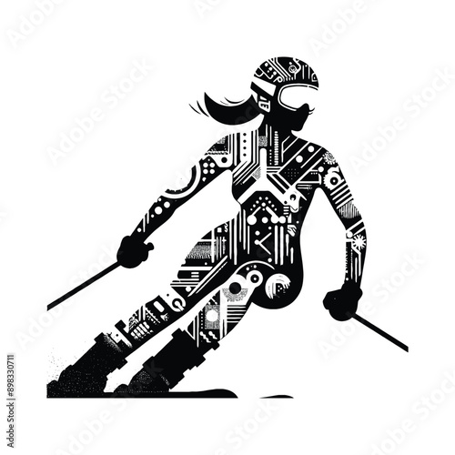 Skiing  female player in cyberpunk pattern illustration, emblem shield badge