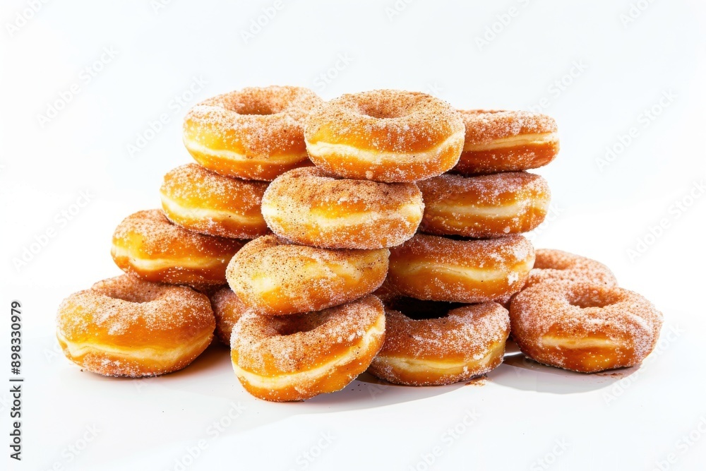A stack of apple cider donuts dusted with cinnamon sugar, isolated on a white background A stack of apple cider donuts dusted with cinnamon sugar, isolated on a white background