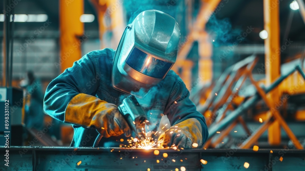 A man in a protective suit is working on a piece of metal. Concept of danger and caution, as the man is wearing a helmet and gloves to protect himself from sparks and debris A man in a protective suit is working on a piece of metal. Concept of danger and caution, as the man is wearing a helmet and gloves to protect himself from sparks and debris