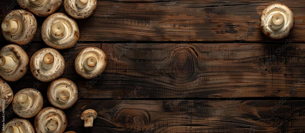 Fototapeta premium Top down view of champignons mushrooms displayed on a dark wooden surface with ample copy space image available for text