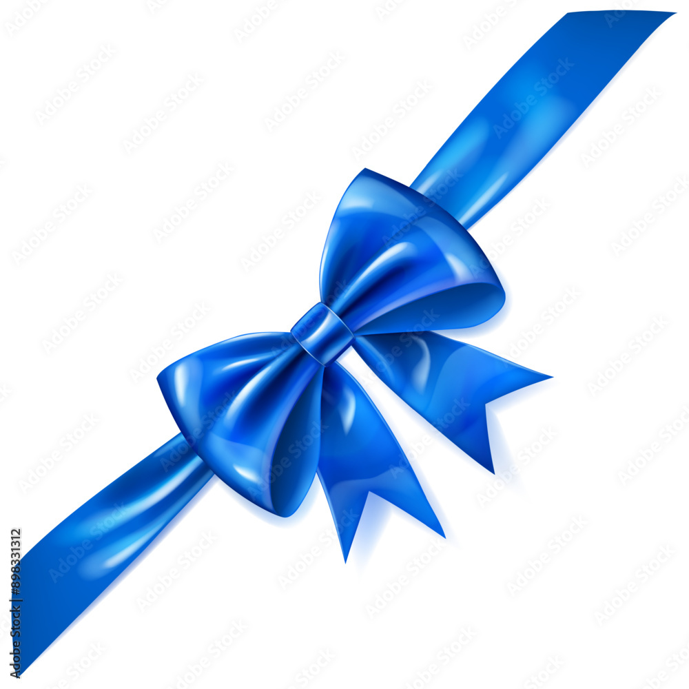 Beautiful large blue shiny bow with diagonal ribbon and soft shadow on white background. Beautiful large blue shiny bow with diagonal ribbon and soft shadow on white background.