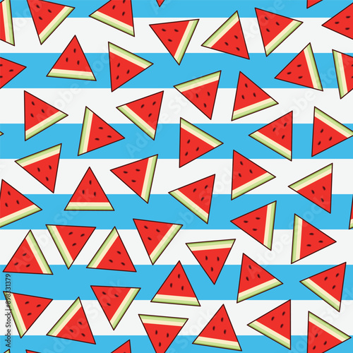 watermelon seamless pattern, a collection of triangular shaped watermelons scattered in an outline style on a blue and white background
