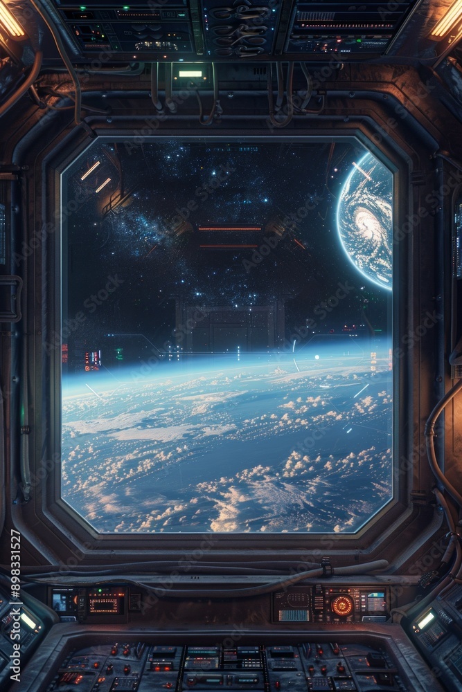 Space Station Window. A frame of futuristic metal and glass, with blinking lights and control panels. The center is a vast, black expanse of space with distant stars and planets Space Station Window. A frame of futuristic metal and glass, with blinking lights and control panels. The center is a vast, black expanse of space with distant stars and planets