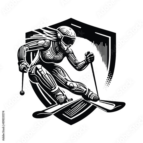 Skiing  female player in cyberpunk pattern illustration, emblem shield badge