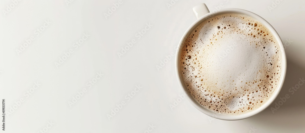 Close up top view of a white coffee cup with a foam fondue perfect for cappuccino or latte against a copy space image Close up top view of a white coffee cup with a foam fondue perfect for cappuccino or latte against a copy space image