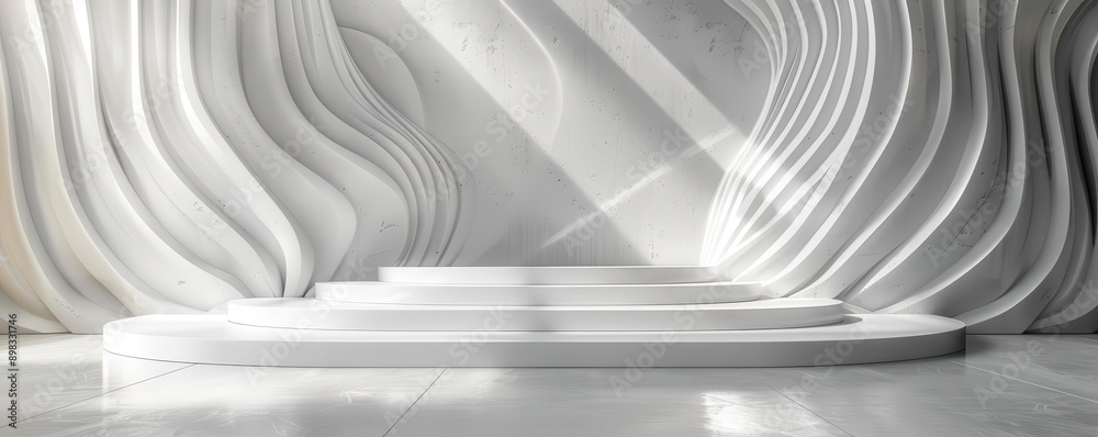 Naklejka premium Abstract white wavy background with platform.