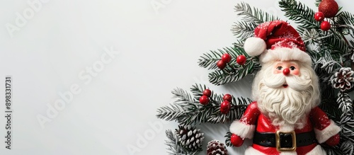 A Christmas greeting card featuring a Santa Claus toy and fir branches on a plain white backdrop with copy space image © HN Works