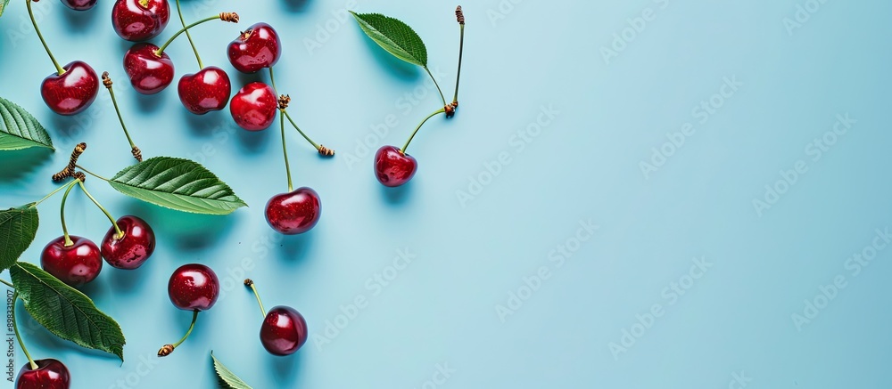 Top view of a cherry frame on a light blue backdrop with space for adding text ideal for a copy space image Top view of a cherry frame on a light blue backdrop with space for adding text ideal for a copy space image