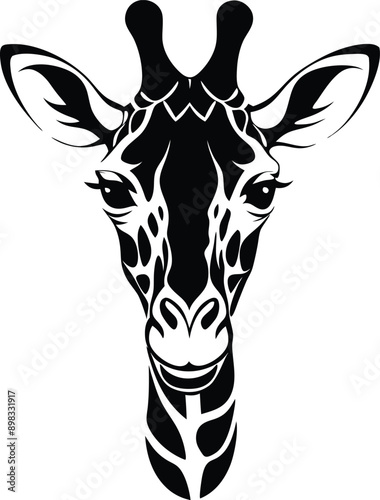 Black and white silhouette of a giraffe head