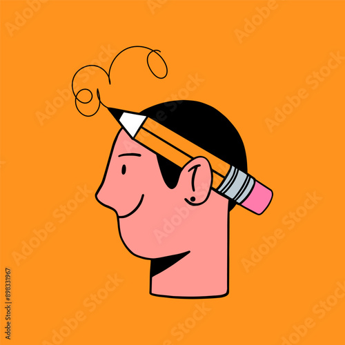 Head of men with a pencil. Trendy vector illustration.