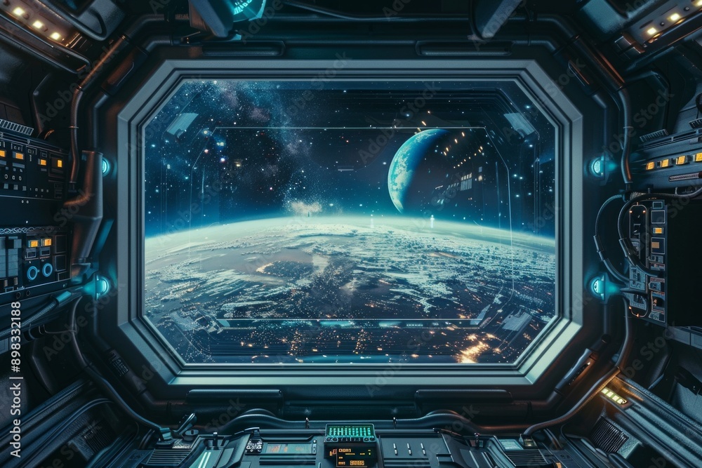 Obraz premium Space Station Window. A frame of futuristic metal and glass, with blinking lights and control panels. The center is a vast, black expanse of space with distant stars and planets