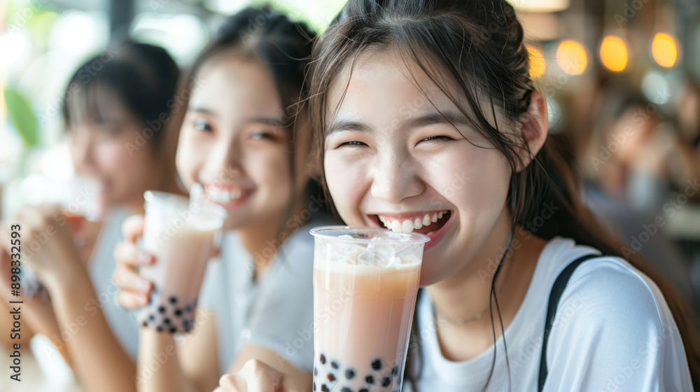 Happy teenage girls drinking Bubble boba milk tea with tapioca pearls in cafe. Summer drink concept. Generative ai. Happy teenage girls drinking Bubble boba milk tea with tapioca pearls in cafe. Summer drink concept. Generative ai.