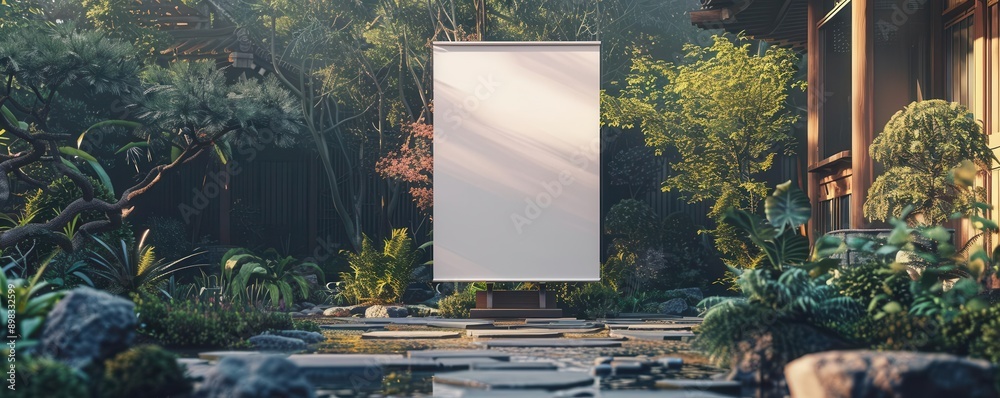 Blank canvas standing in a lush tropical garden. Blank canvas standing in a lush tropical garden.