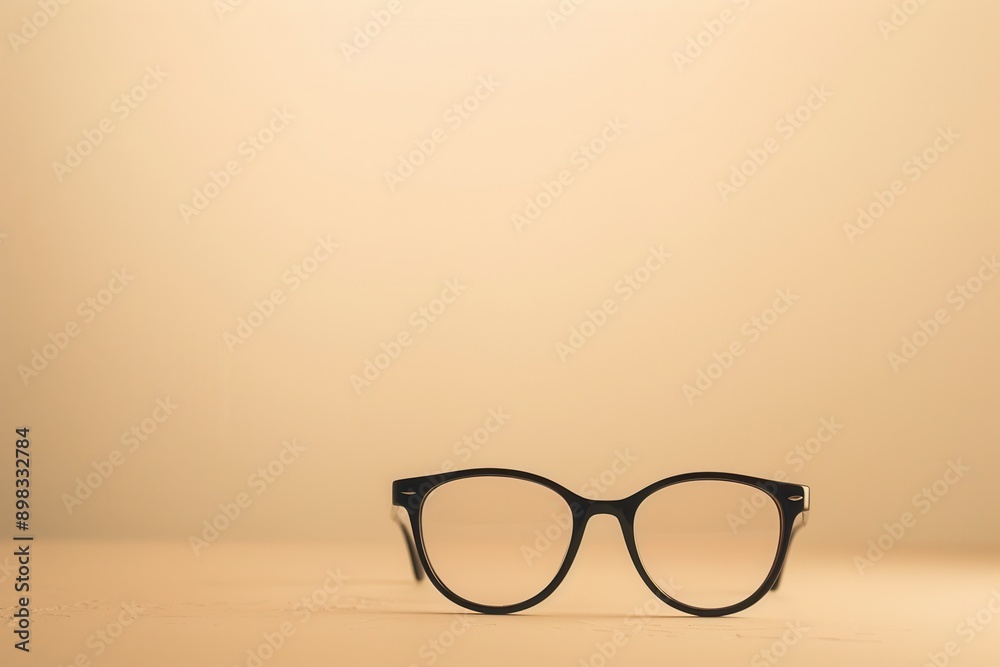 Black eyeglasses with round lenses sit on a tan surface. Generative AI Black eyeglasses with round lenses sit on a tan surface. Generative AI