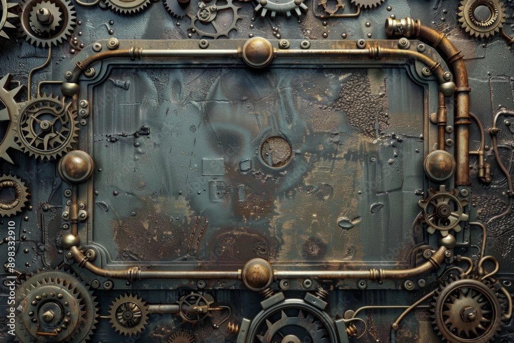 Steampunk Gear frame made of bronze and brass gears, cogs, and pipes with a vintage industrial look. The center is a blank, metallic surface with a slight tarnished effect. Steampunk Gear frame made of bronze and brass gears, cogs, and pipes with a vintage industrial look. The center is a blank, metallic surface with a slight tarnished effect.