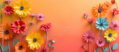 Colorful summer flowers pattern on colored paper background with copy space image