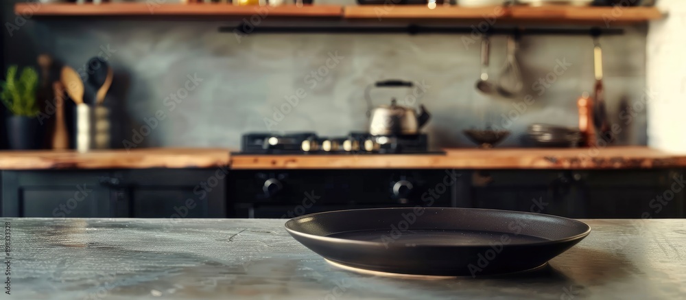 Obraz premium Blurry kitchen backdrop complements black plate on steel table featuring copy space image