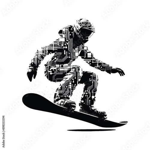 Snowboarding  female player in cyberpunk pattern illustration, emblem shield badge