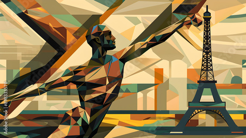 Cubist Hammer Throw: A cubist-style illustration of a hammer thrower with the Eiffel Tower in the background on a beige background.


 photo